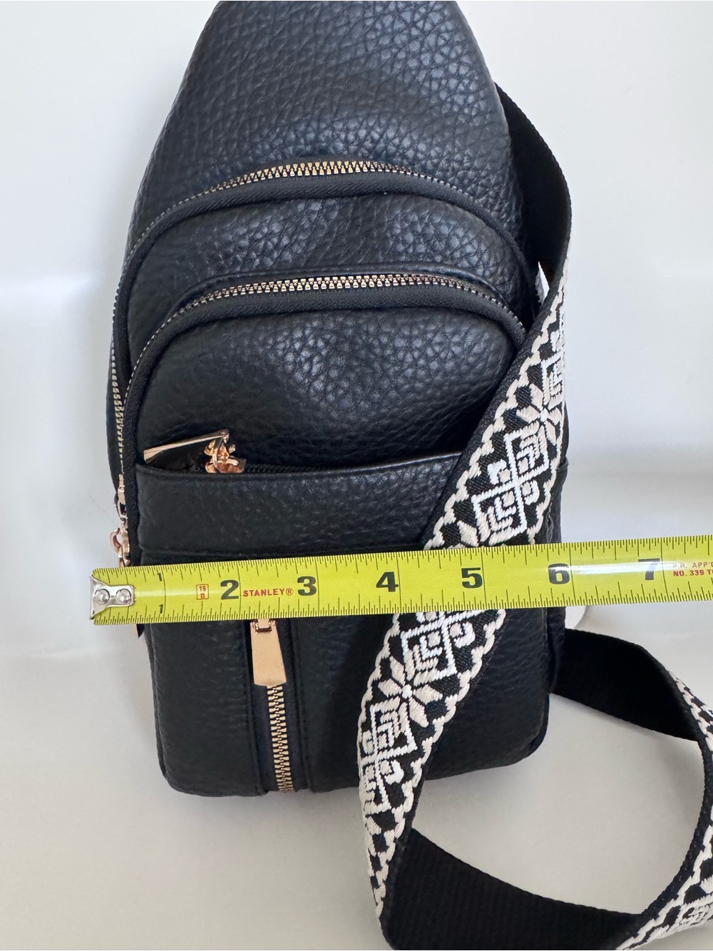 Black Leather Sling Backpack w Embroidered Boho Guitar Strap Crossbody Backpack - Picture 12 of 14